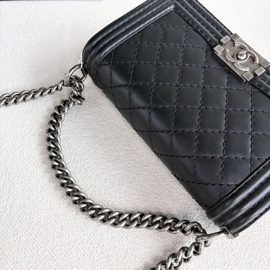 Chanel 黑銀Leboy中號鏈條包 牛皮-7