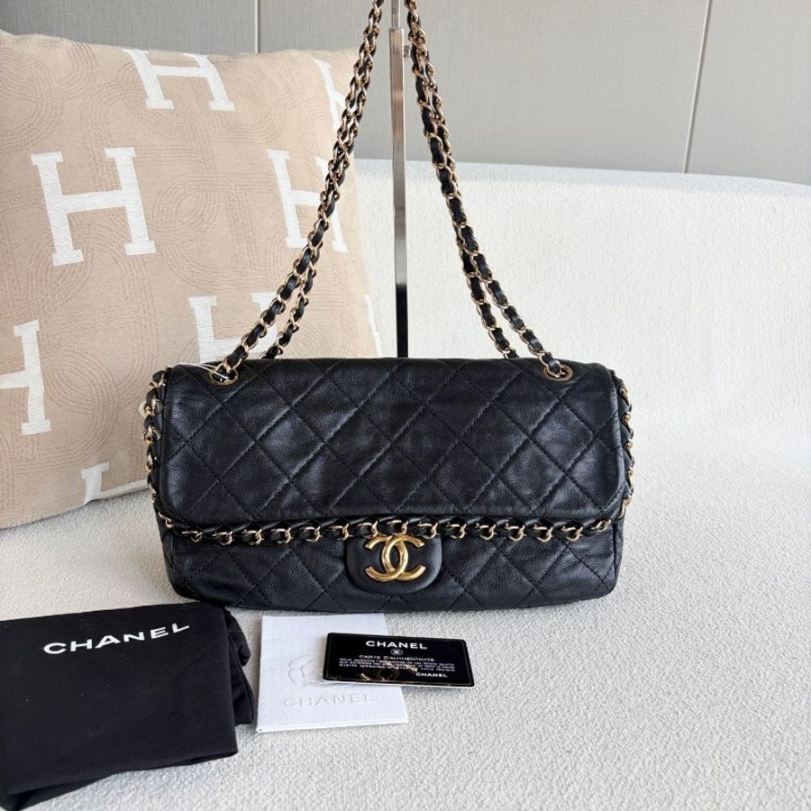 Chanel CF滾邊鏈條包 黑金 牛皮 肩背包-1