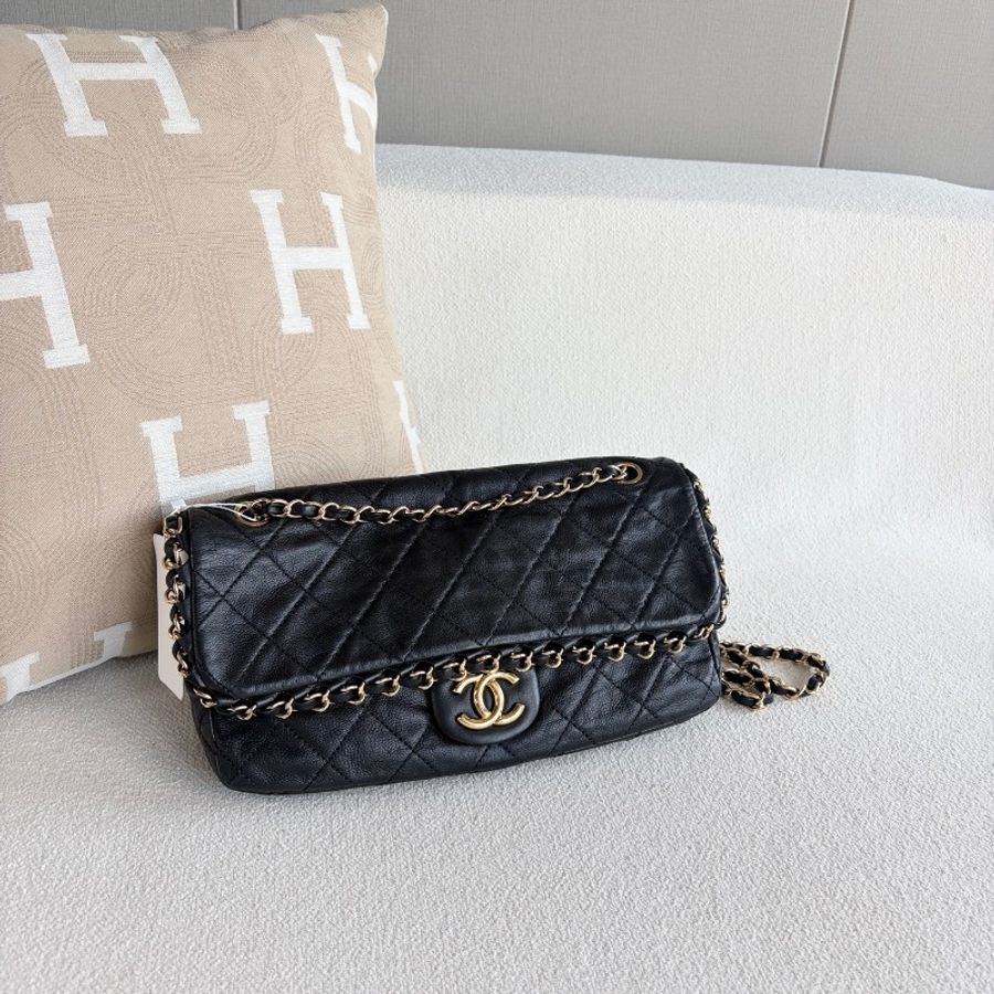 Chanel CF滾邊鏈條包 黑金 牛皮 肩背包-6