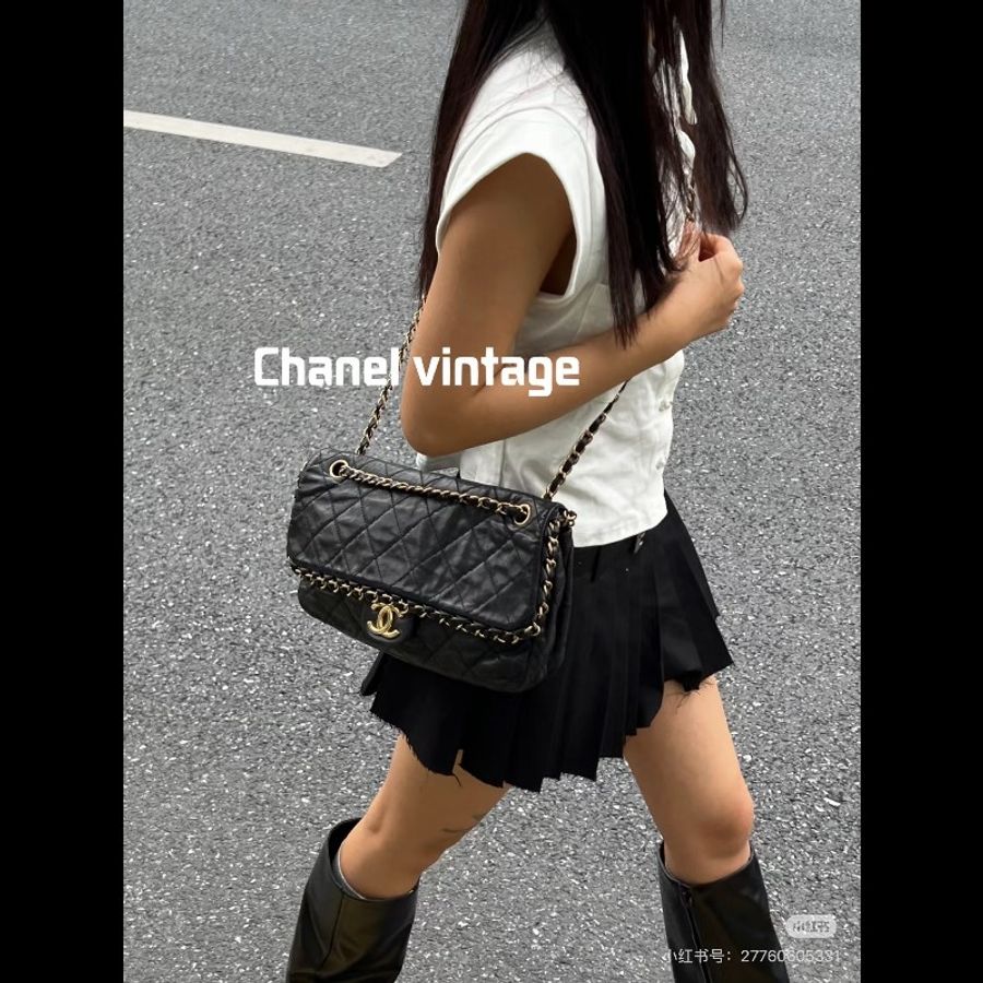 Chanel CF滾邊鏈條包 黑金 牛皮 肩背包-8