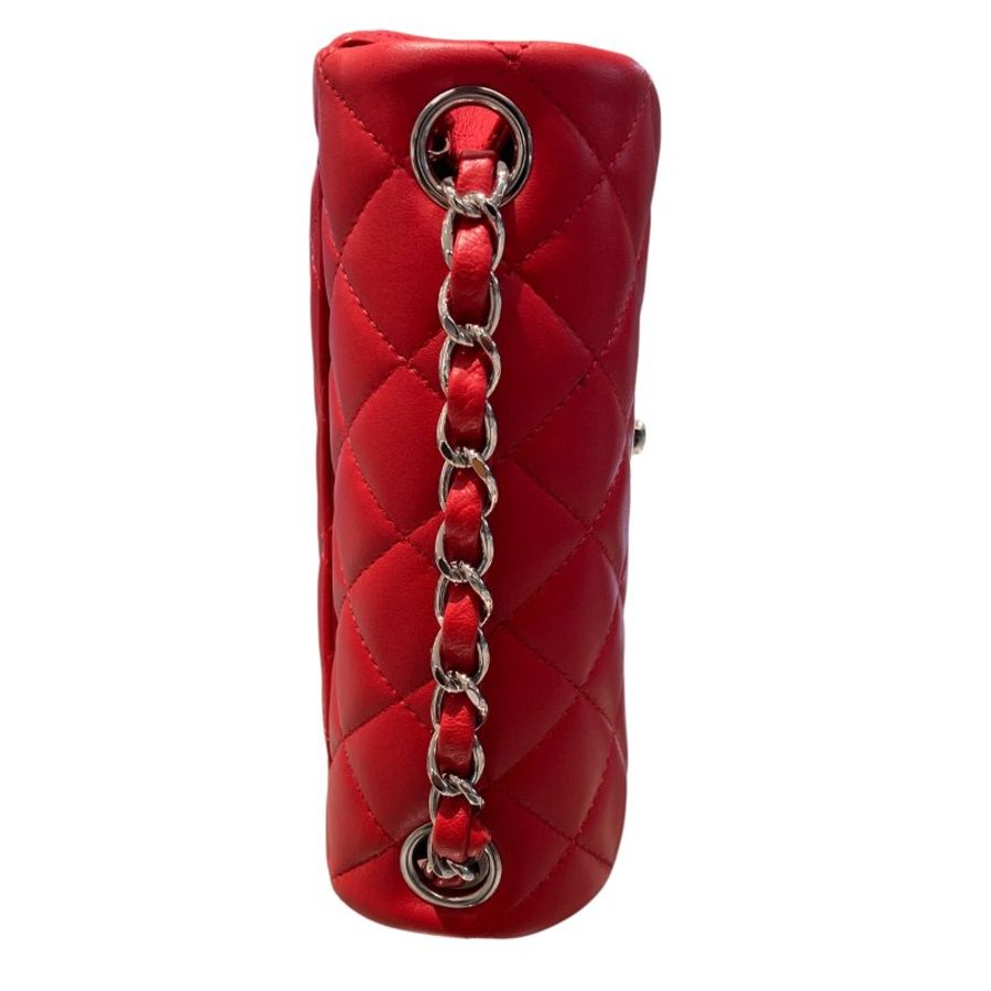 CHANEL香奈兒 MINI SQUARE CLASSIC FLAP BAG 紅色 羊皮 銀釦-10
