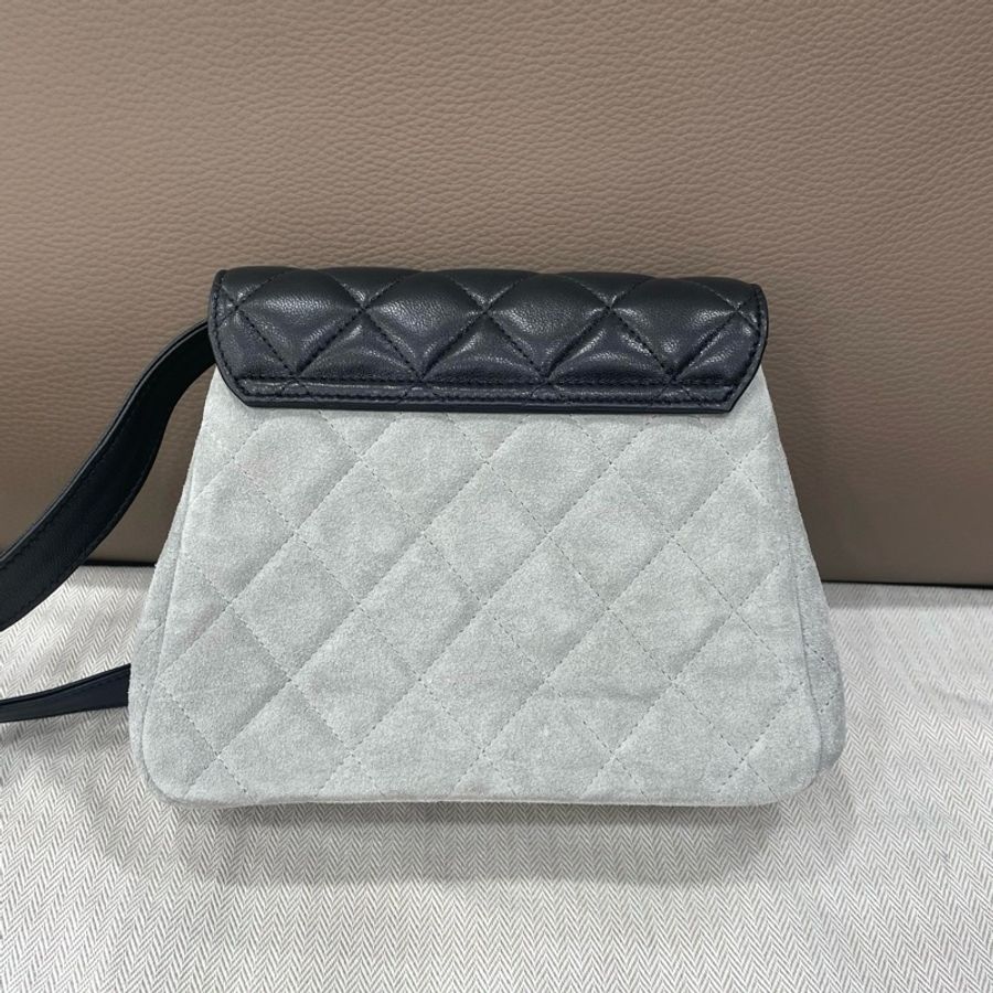Chanel香奈兒25A灰色麂皮拼黑色皮蓋雙C單肩包斜挎包-3