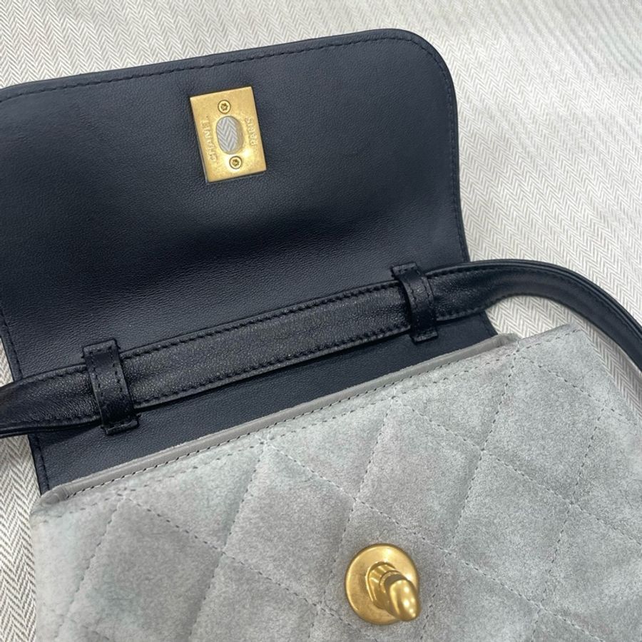 Chanel香奈兒25A灰色麂皮拼黑色皮蓋雙C單肩包斜挎包-7