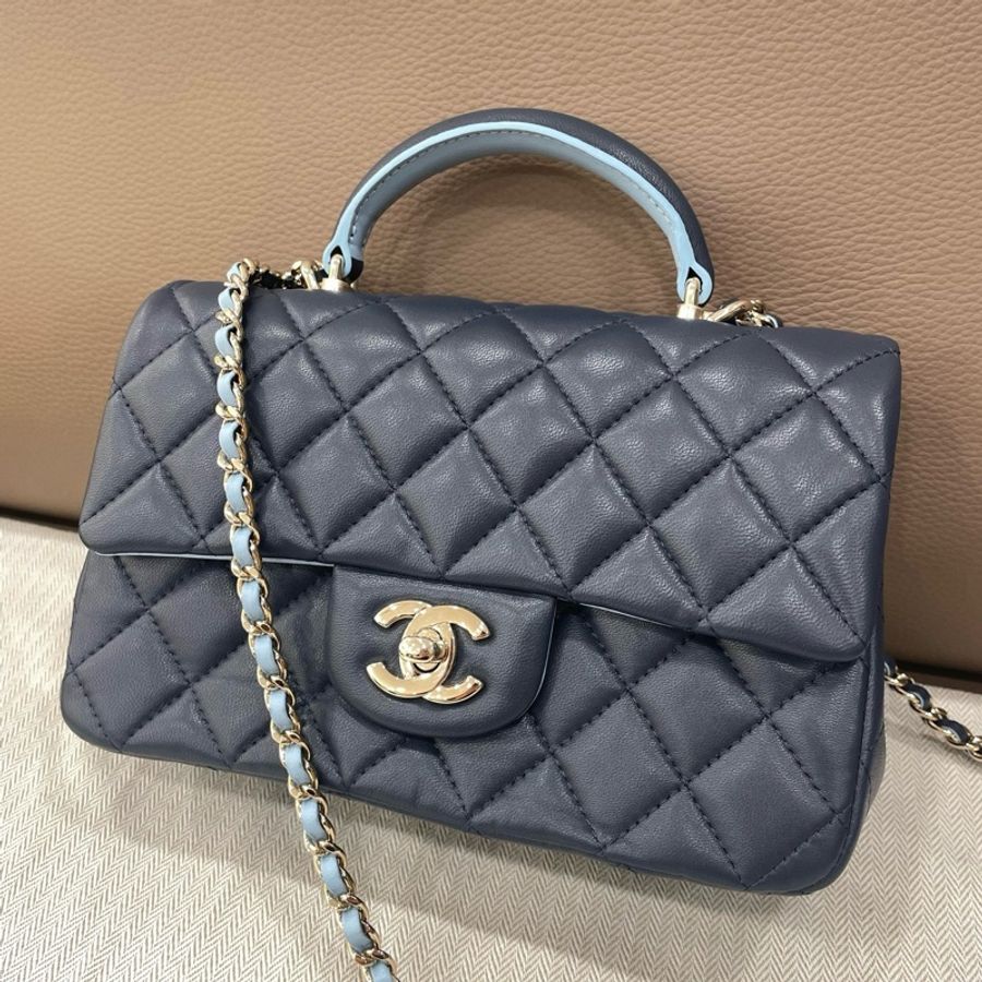 Chanel香奈兒CF 大mini 芯片款23p菱格絎縫皮穿鏈 羊皮口蓋包斜挎包手提包 藍黑色-1