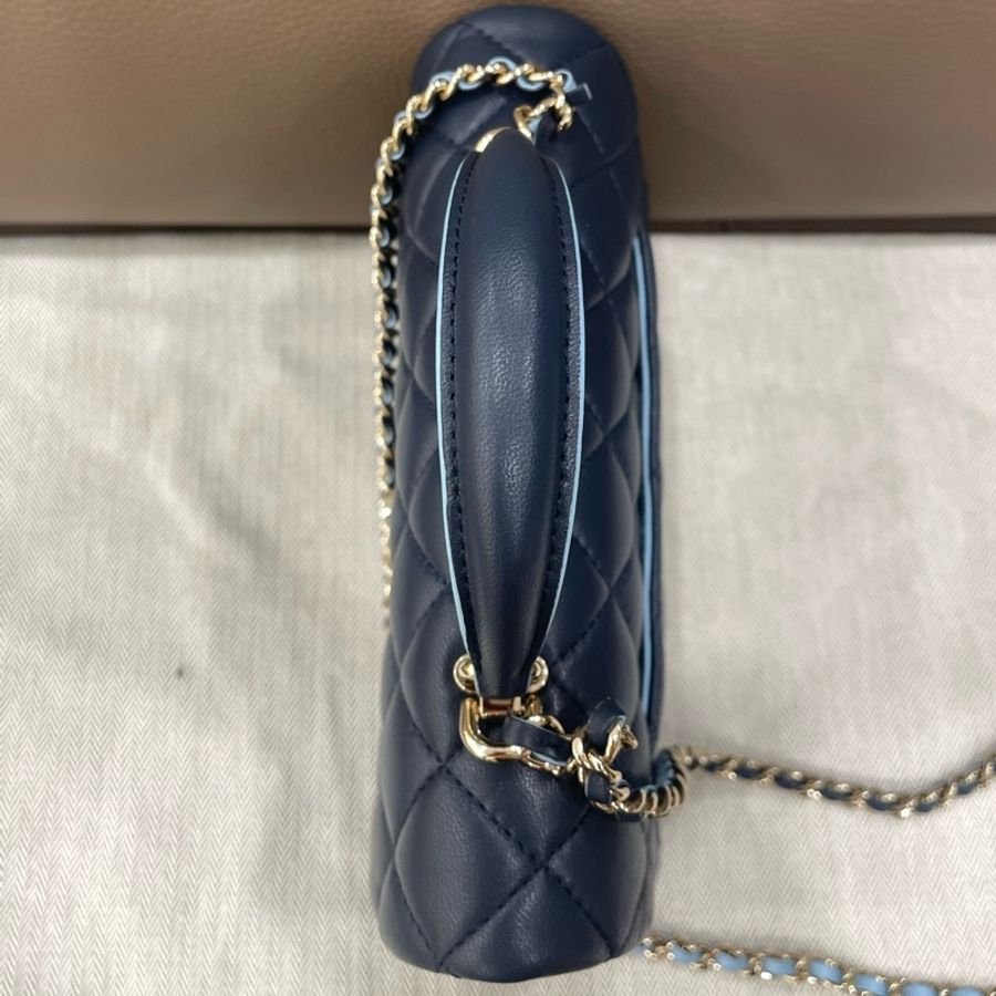 Chanel香奈兒CF 大mini 芯片款23p菱格絎縫皮穿鏈 羊皮口蓋包斜挎包手提包 藍黑色-5