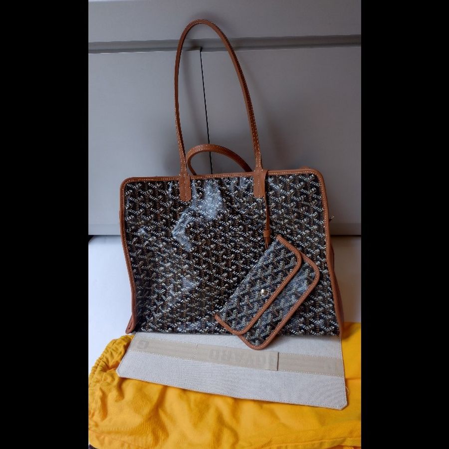 Goyard 焦糖皮邊黑底印花帆布大方托特包 Hardy-3