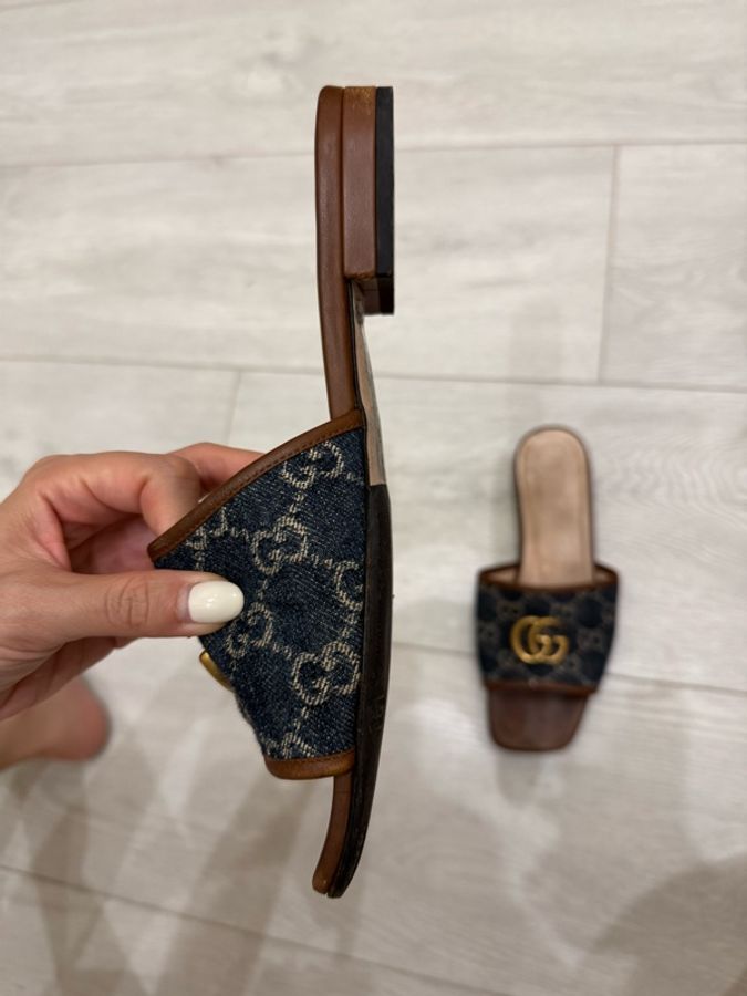 gucci古馳牛仔布百搭平底拖鞋37-1