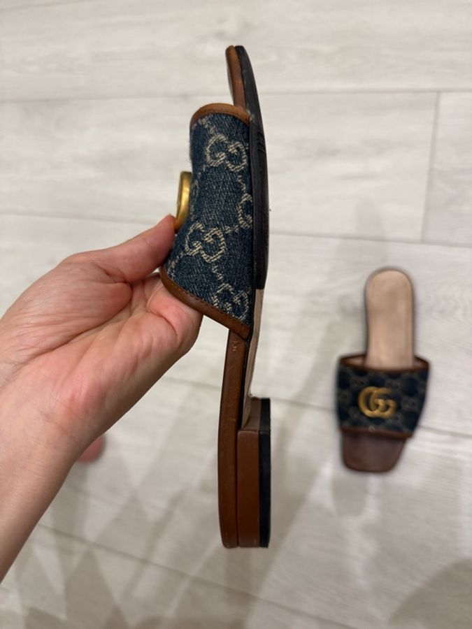 gucci古馳牛仔布百搭平底拖鞋37-2