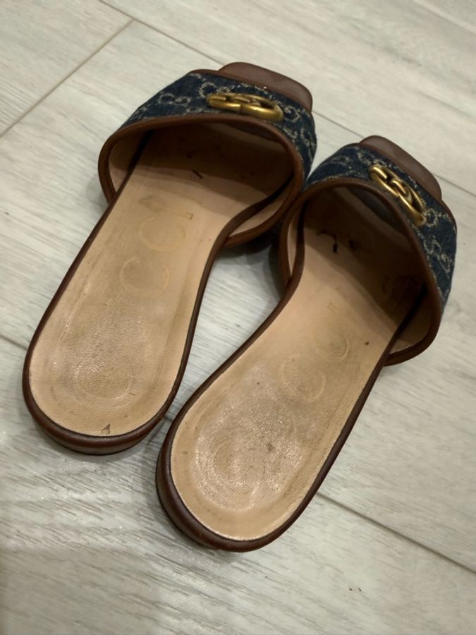 gucci古馳牛仔布百搭平底拖鞋37-7