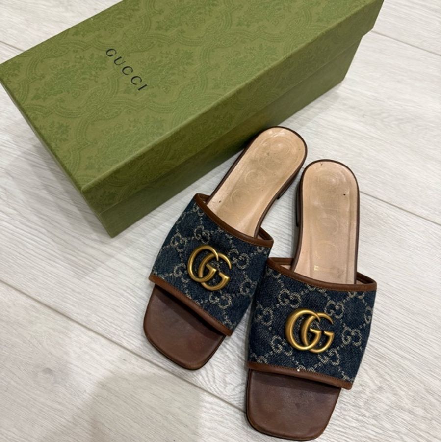 gucci古馳牛仔布百搭平底拖鞋37-9