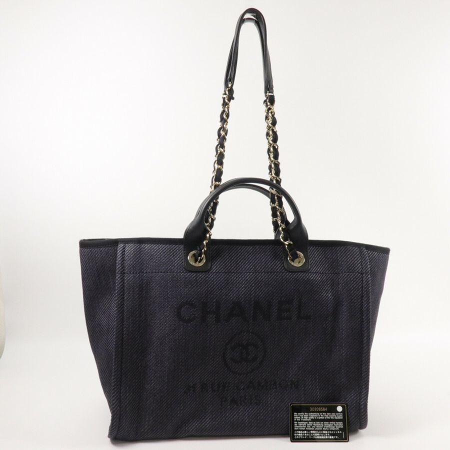 CHANEL 帆布/牛皮皮革Deauville Tote Bag鏈帶肩背袋-9