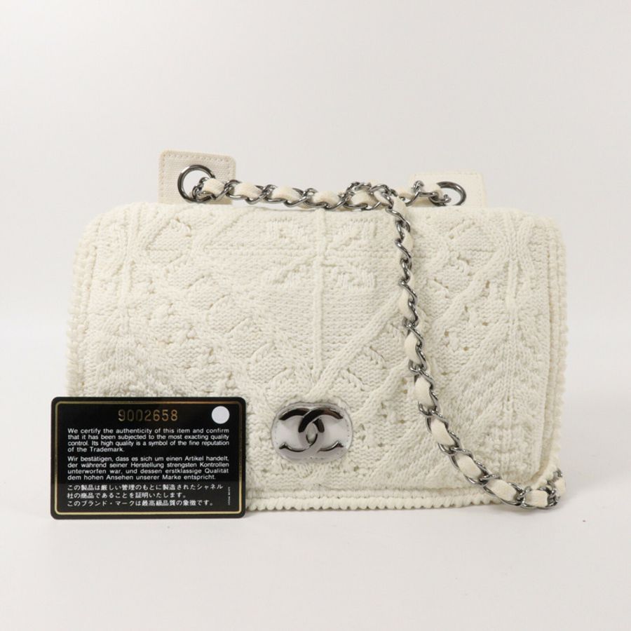 CHANEL Knit Ivory Crochet Kint Chain Shoulder鏈帶肩背袋-10