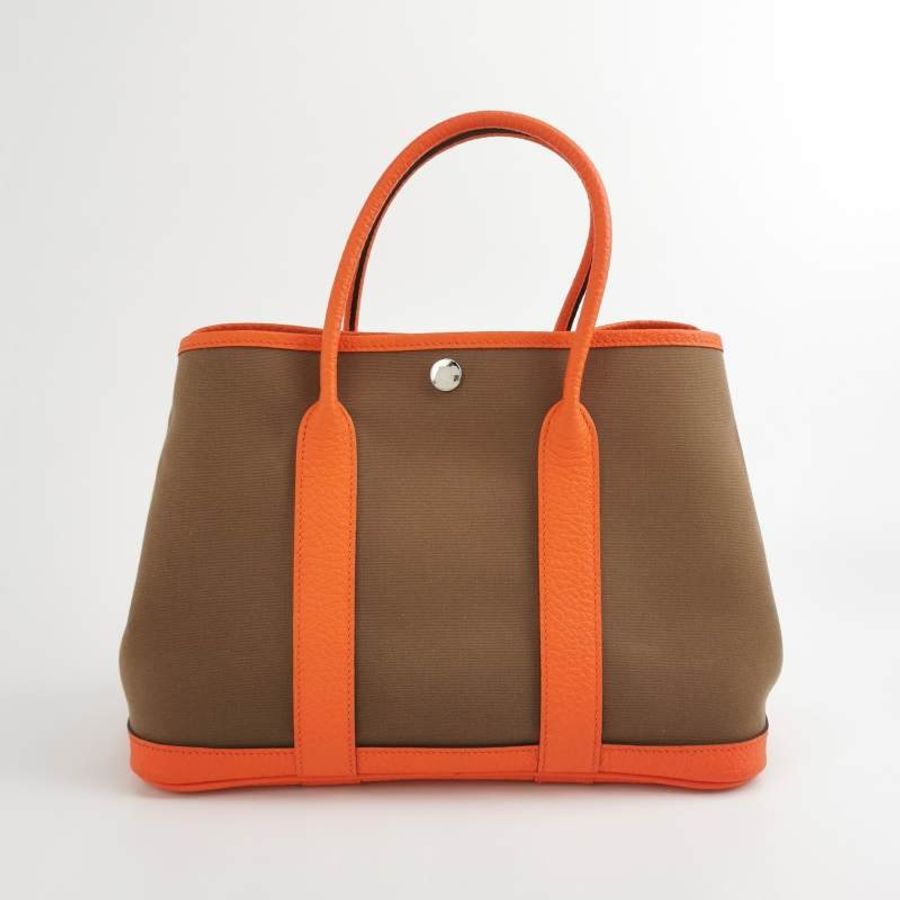 Hermes Garden Party花園包30手提包帆布Negonda牛皮銀扣18大象灰罌粟橙X刻-4