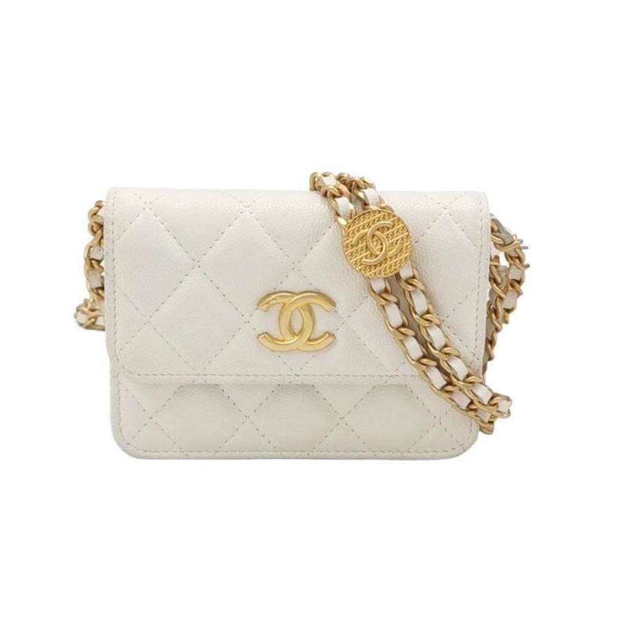 Chanel 牛皮純色菱格絎縫雙C logo金幣單肩包-0