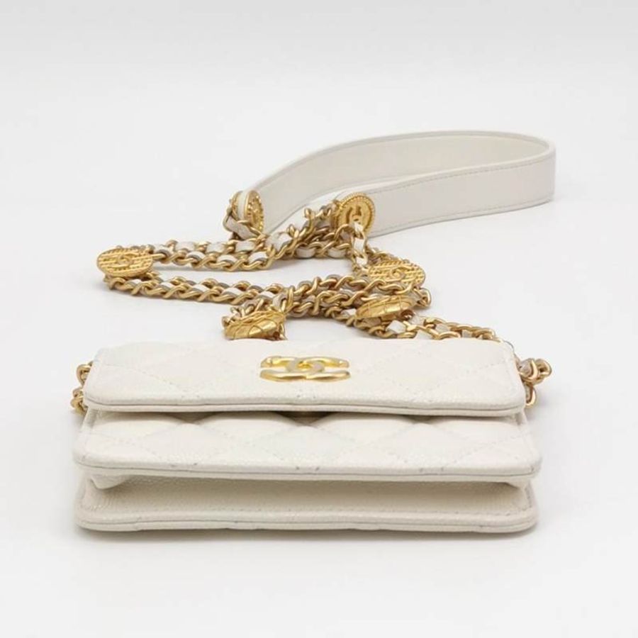 Chanel 牛皮純色菱格絎縫雙C logo金幣單肩包-5
