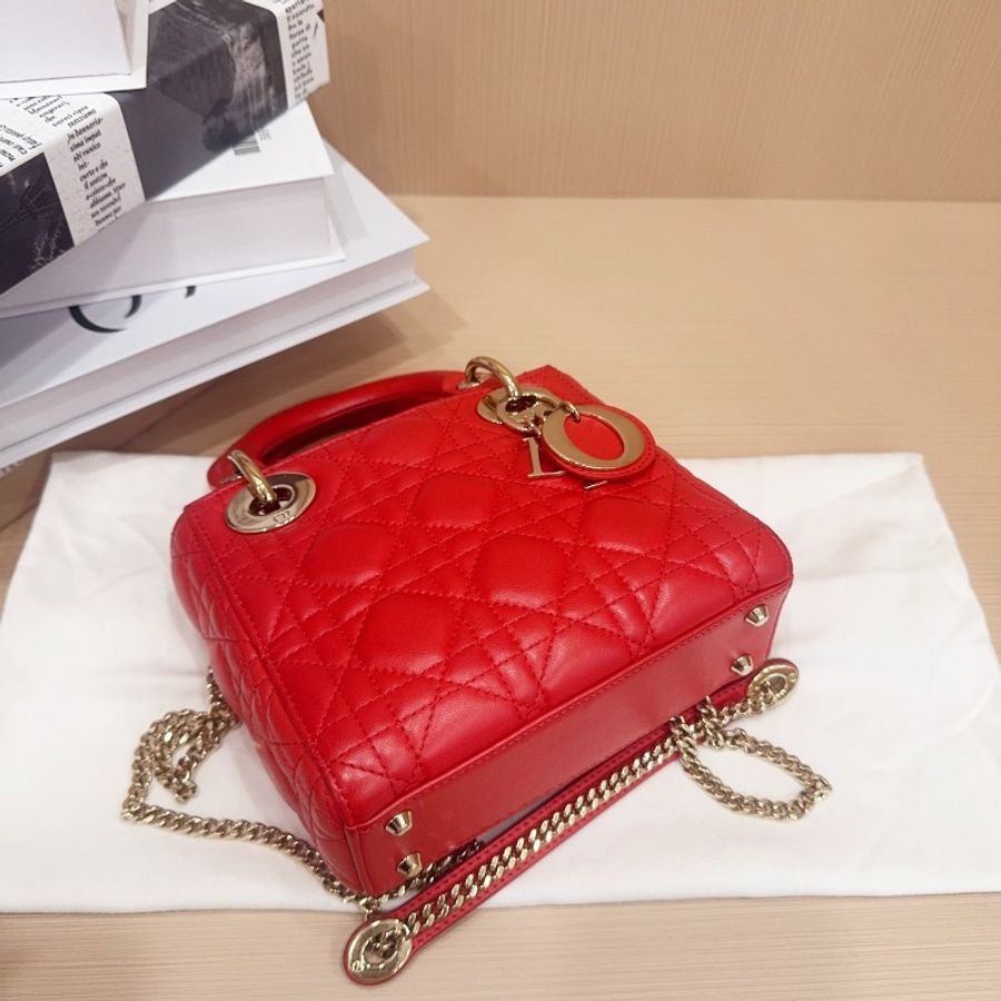 Dior迪奧黛妃三格手提斜揹包 紅色金扣小羊皮-2