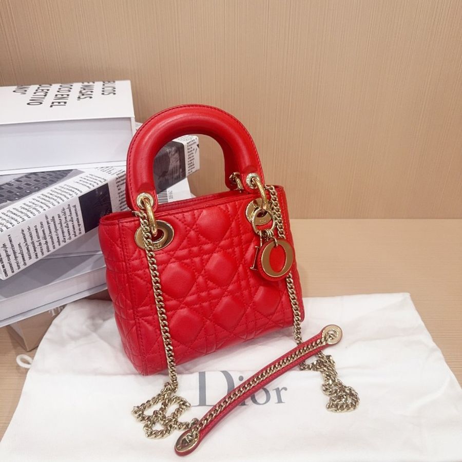 Dior迪奧黛妃三格手提斜揹包 紅色金扣小羊皮-3