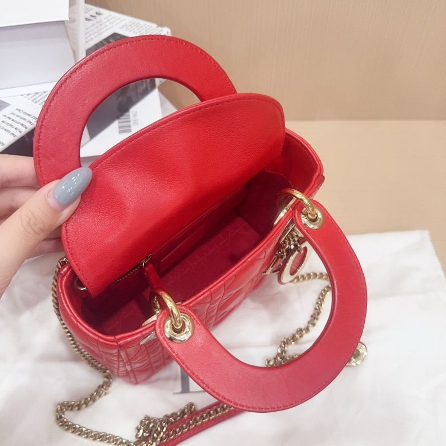 Dior迪奧黛妃三格手提斜揹包 紅色金扣小羊皮-5