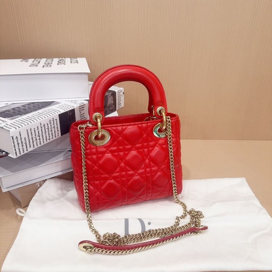 Dior迪奧黛妃三格手提斜揹包 紅色金扣小羊皮-6