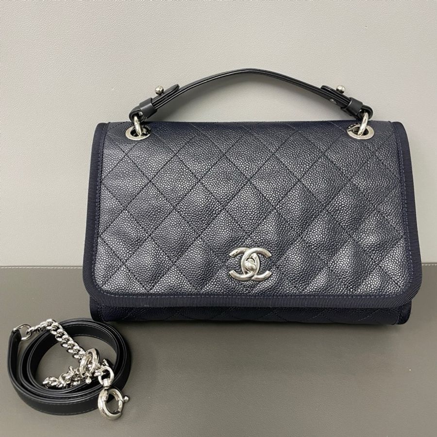 Chanel/香奈兒 25開 深藍色銀扣荔枝紋手提單肩斜挎包-0