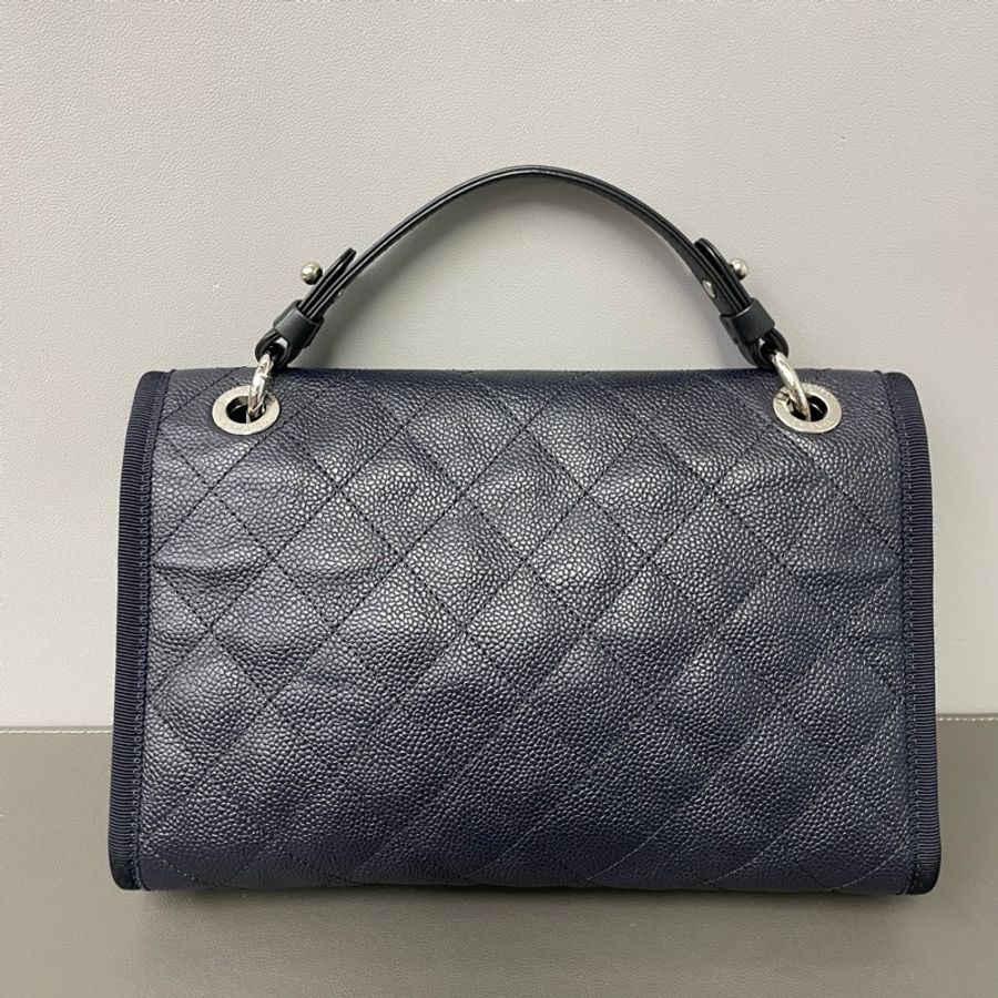 Chanel/香奈兒 25開 深藍色銀扣荔枝紋手提單肩斜挎包-1