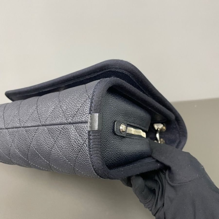 Chanel/香奈兒 25開 深藍色銀扣荔枝紋手提單肩斜挎包-5