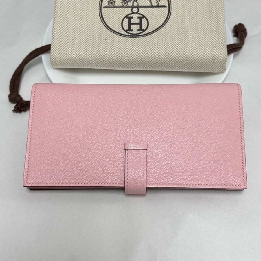 HERMES愛馬仕櫻花粉Bearn 銀扣長款錢包Mysore山羊皮 D刻-1