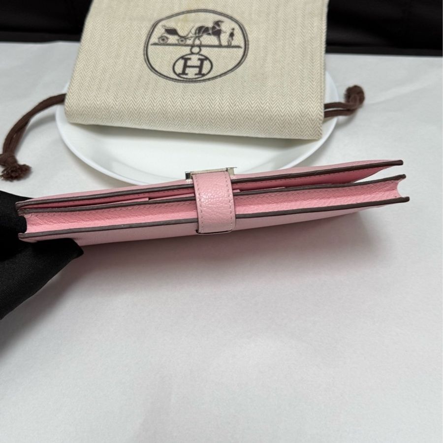 HERMES愛馬仕櫻花粉Bearn 銀扣長款錢包Mysore山羊皮 D刻-4