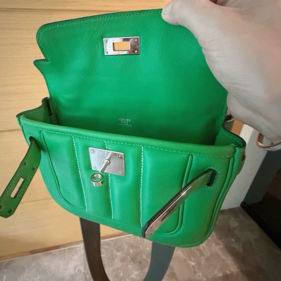 HERMES/愛馬仕竹子綠銀扣mini Berline 20單肩斜挎包R刻-2