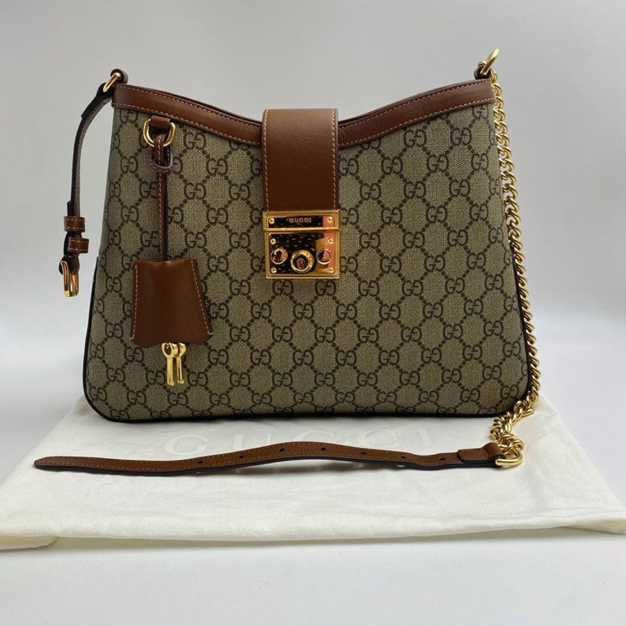 GUCCI 古馳 Padlock 鎖扣開合鏈帶肩帶 帆布拼皮革滾邊 手提單肩包 女款 米色拼烏木色 尺寸:33*5*23。-7