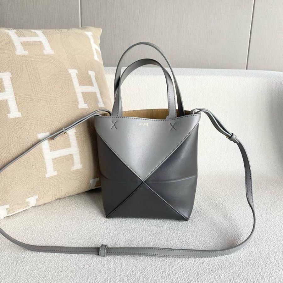 Loewe puzzlefold 托特斜背包深灰拼淺灰色 牛皮 16*20*9 98新配件肩帶 塵袋-6