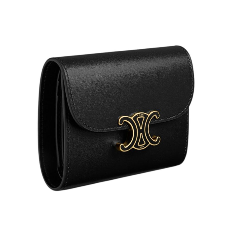 【CELINE】Triomphe 珐琅凱旋門 亮澤光滑牛皮 小號 翻蓋 零錢包 卡夾 皮夾 短夾 黑色 10D784L24.38NN-1