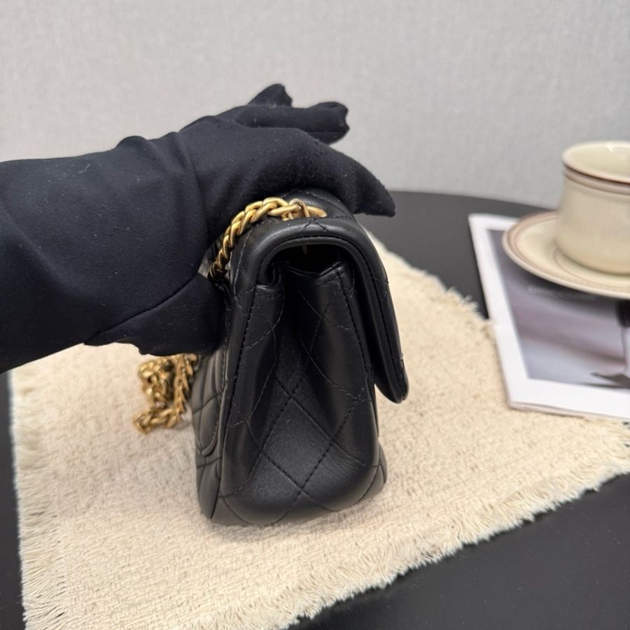 Chanel香奈兒CF方胖子山茶花金球黑金羊皮鏈條包斜背包 芯片款 金色山茶花調節扣-2