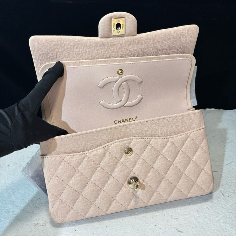 Chanel/香奈兒 CF中號荔枝紋牛皮裸粉色經典菱格紋鏈條包單肩包斜挎包 芯片款 底長:26cm-6