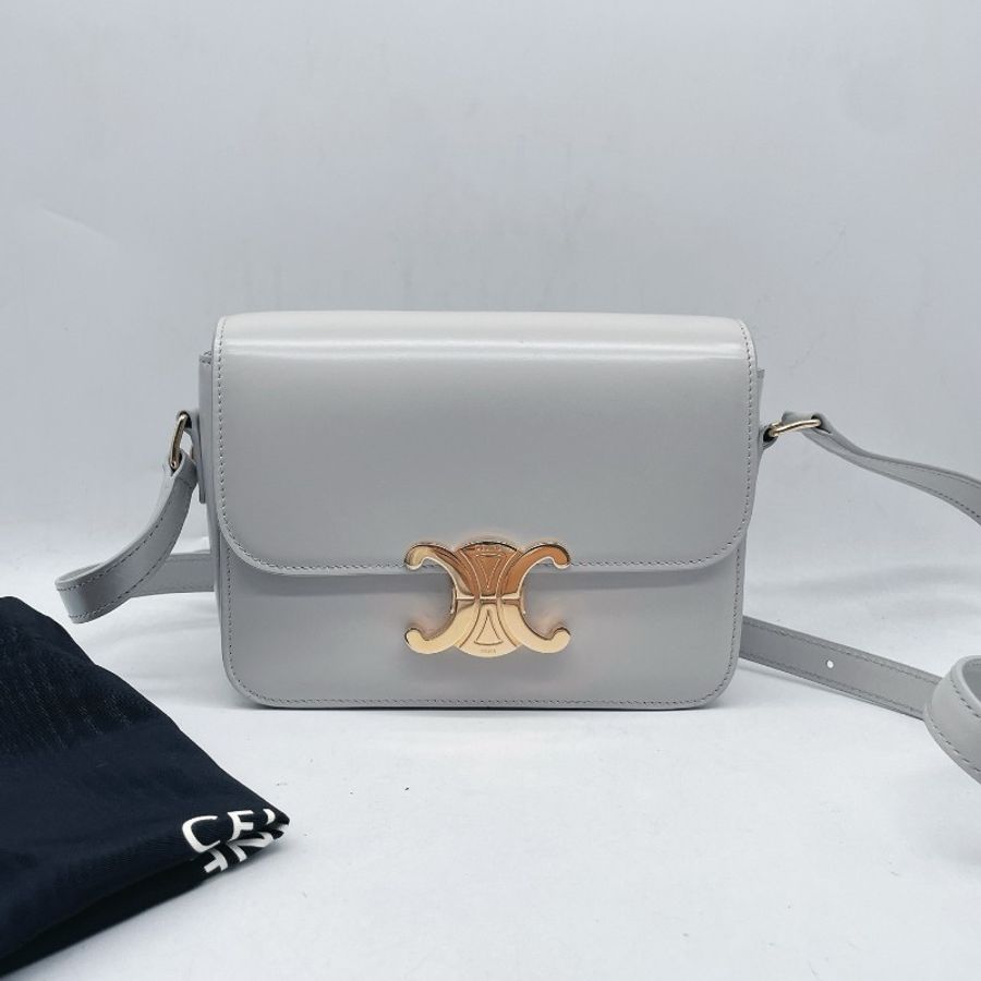 Celine/凱旋門 白色金扣豆腐包 BOX皮-1