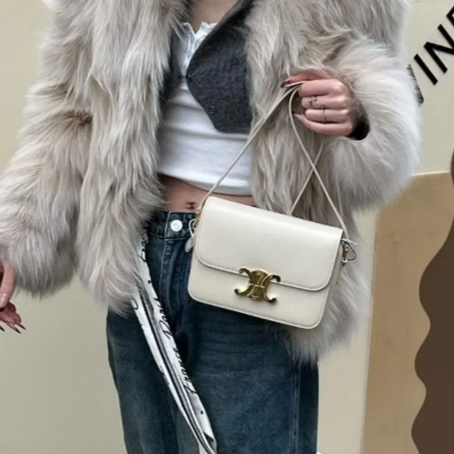 Celine/凱旋門 白色金扣豆腐包 BOX皮-5