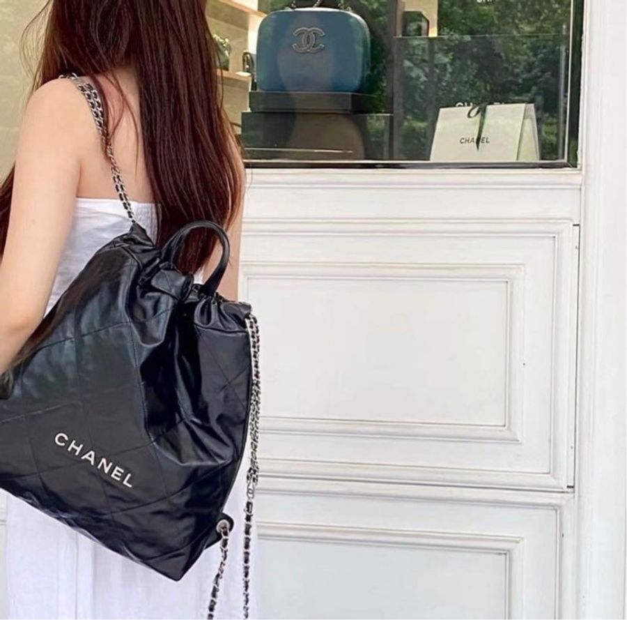 Chanel22 束口手提後背包 so black logo全黑 芯片款 98成新-7