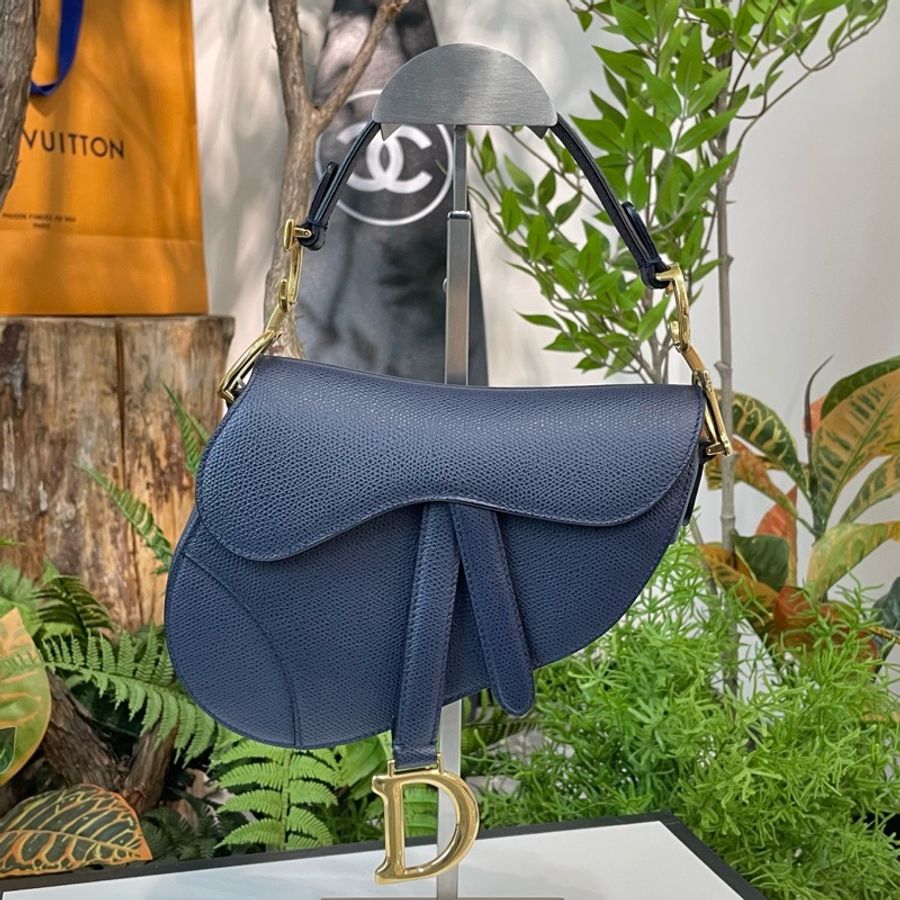 DIOR迪奧 Saddle 粒面 牛皮革 馬鞍包單肩手提包 深藍色 18年-0