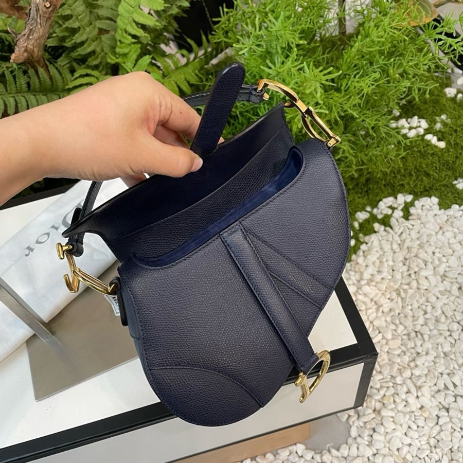 DIOR迪奧 Saddle 粒面 牛皮革 馬鞍包單肩手提包 深藍色 18年-5