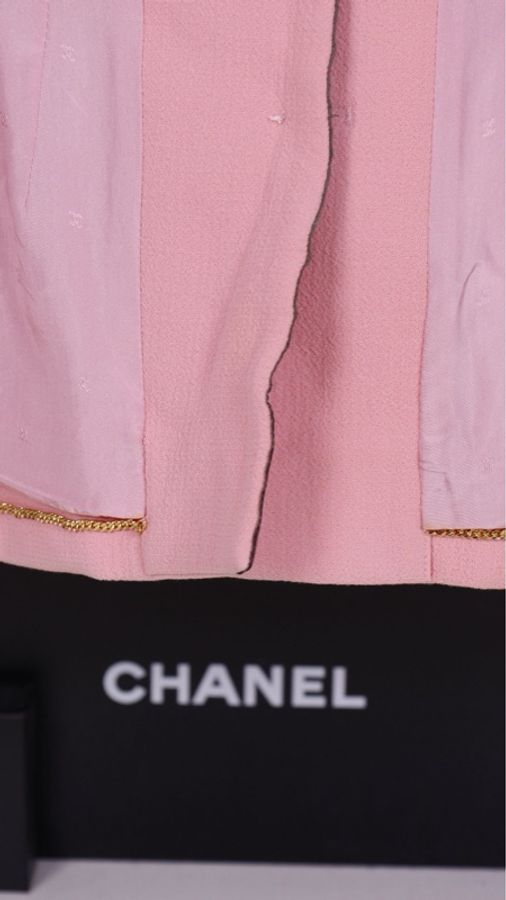 Chanel 91年粉黑漆皮滚边山茶花扣四口袋外套半裙套装-58