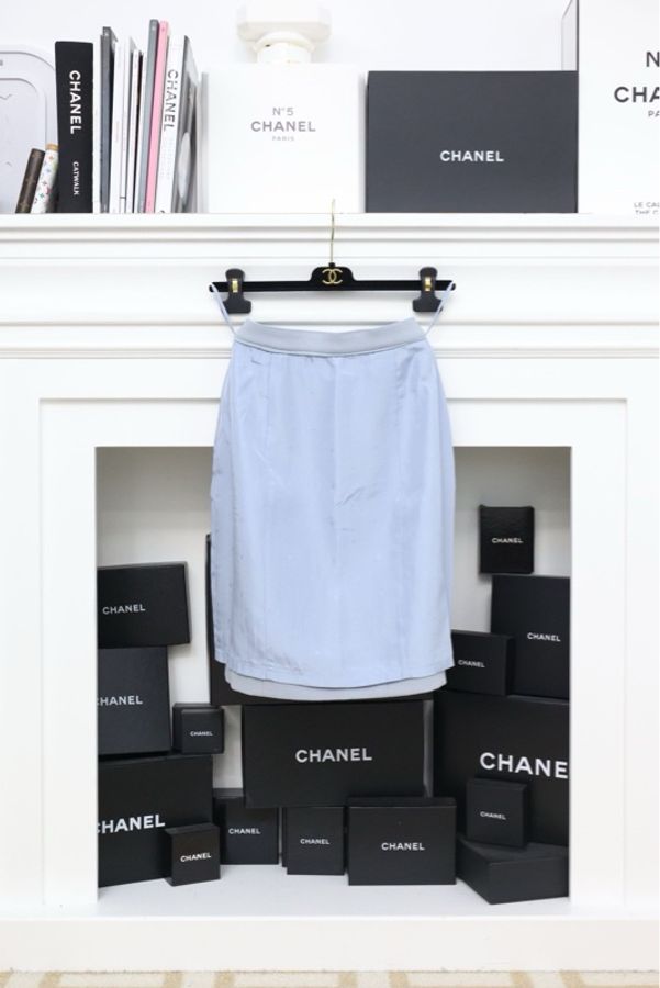 Chanel 92年春夏系列雾霾蓝色收腰两口袋外套半裙套装-8