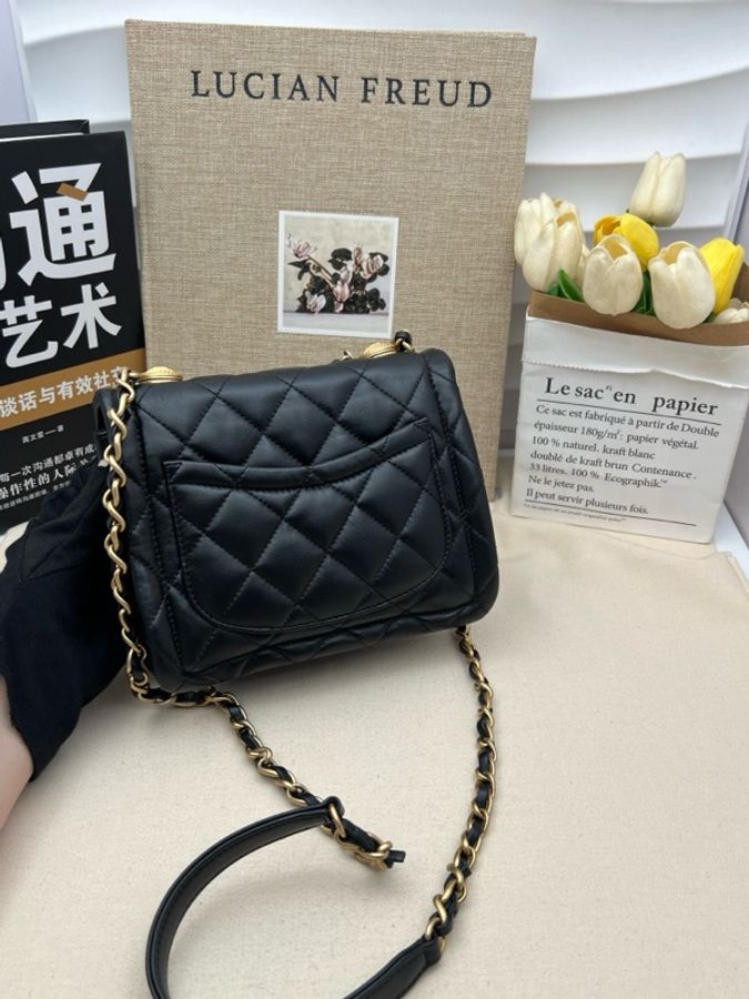 Chanel香奈兒鏈條手柄豆腐包黑金羊 斜挎包-5