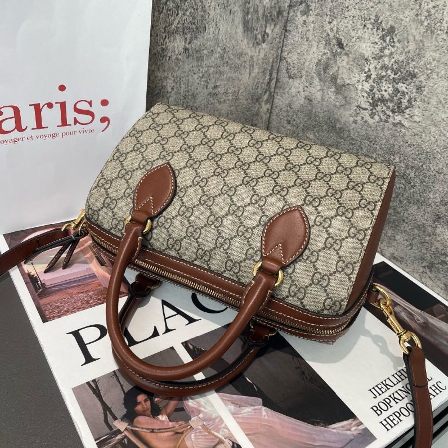 Gucci 波士頓 焦糖色 經典老花 自帶肩帶-3