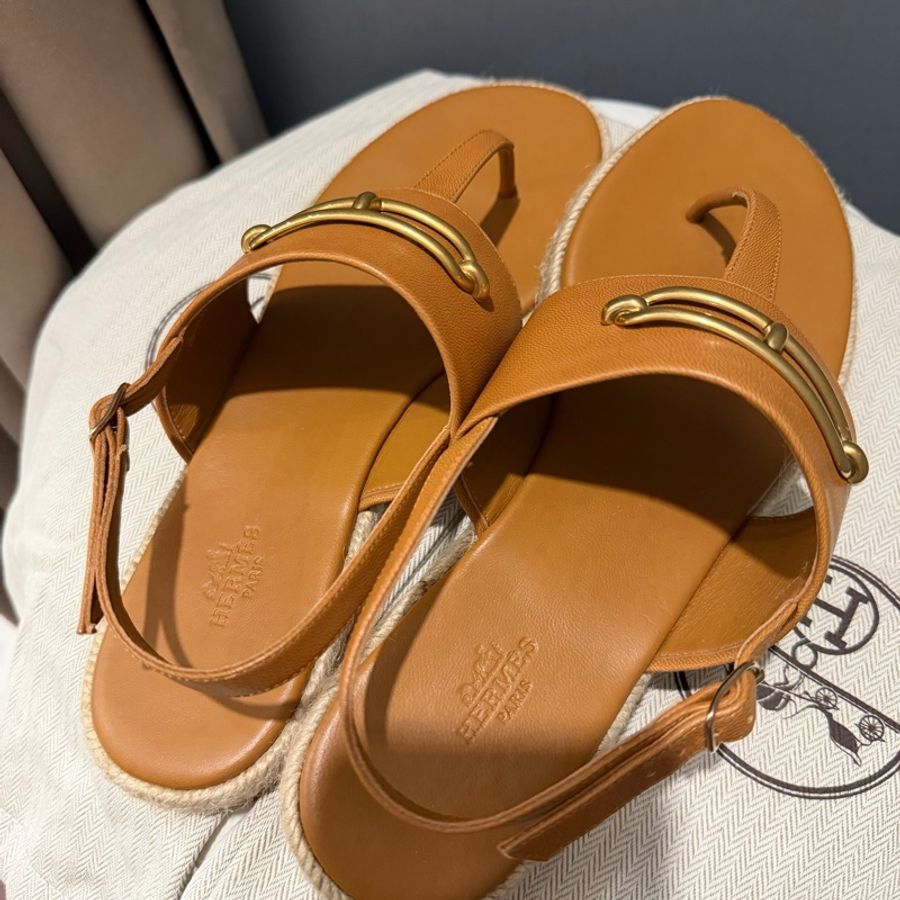 Hermès 愛馬仕 Roulis 豬鼻 Eloise 草編涼鞋 金棕色 39號-8