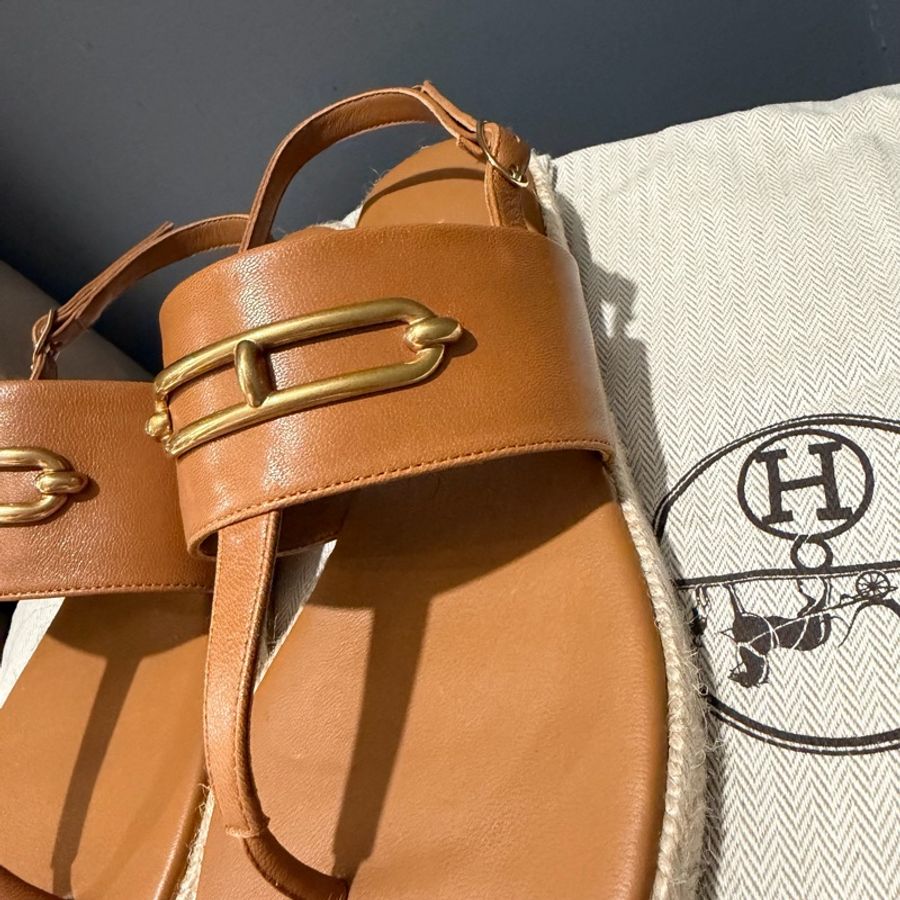 Hermès 愛馬仕 Roulis 豬鼻 Eloise 草編涼鞋 金棕色 39號-10