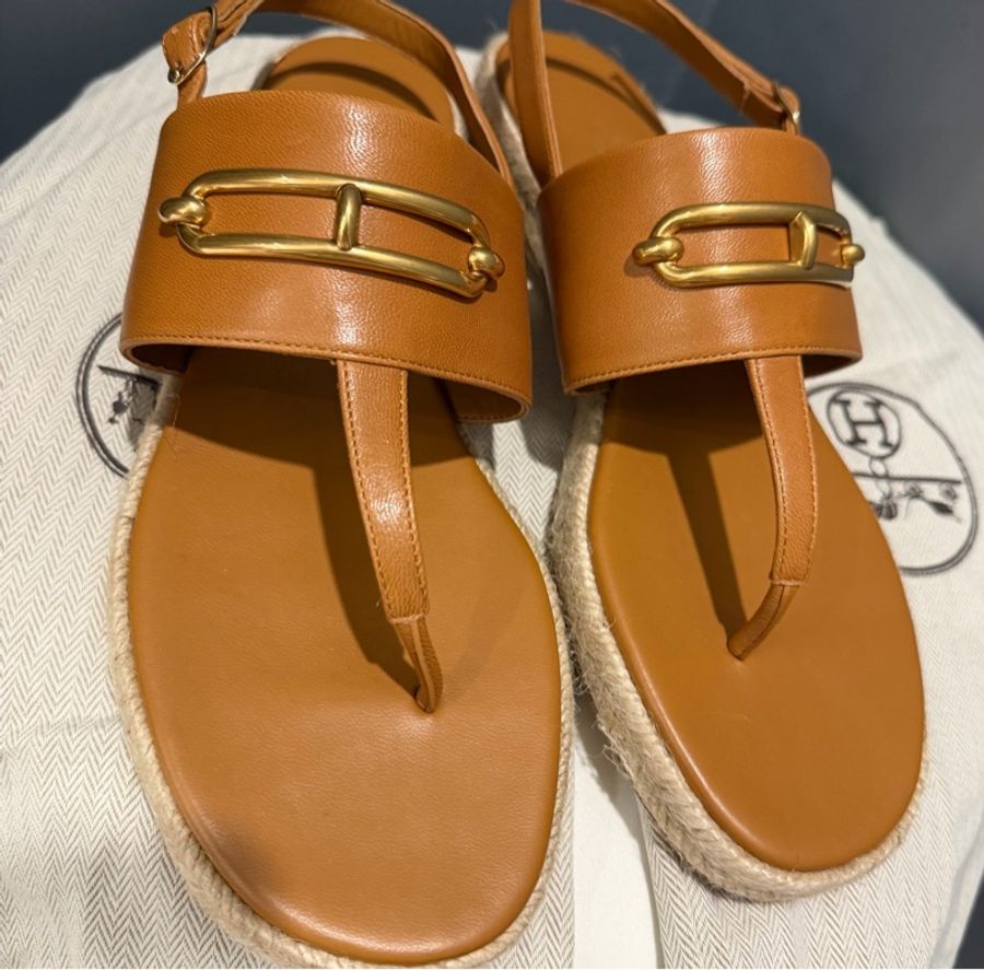 Hermès 愛馬仕 Roulis 豬鼻 Eloise 草編涼鞋 金棕色 39號-11