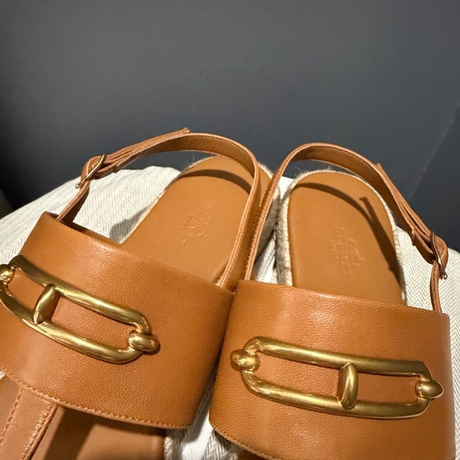 Hermès 愛馬仕 Roulis 豬鼻 Eloise 草編涼鞋 金棕色 39號-16