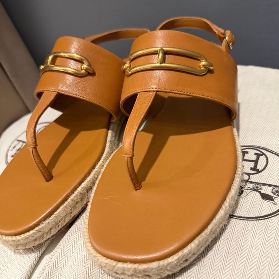 Hermès 愛馬仕 Roulis 豬鼻 Eloise 草編涼鞋 金棕色 39號-23