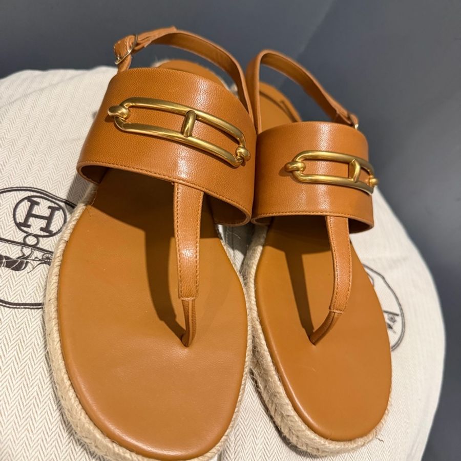 Hermès 愛馬仕 Roulis 豬鼻 Eloise 草編涼鞋 金棕色 39號-24