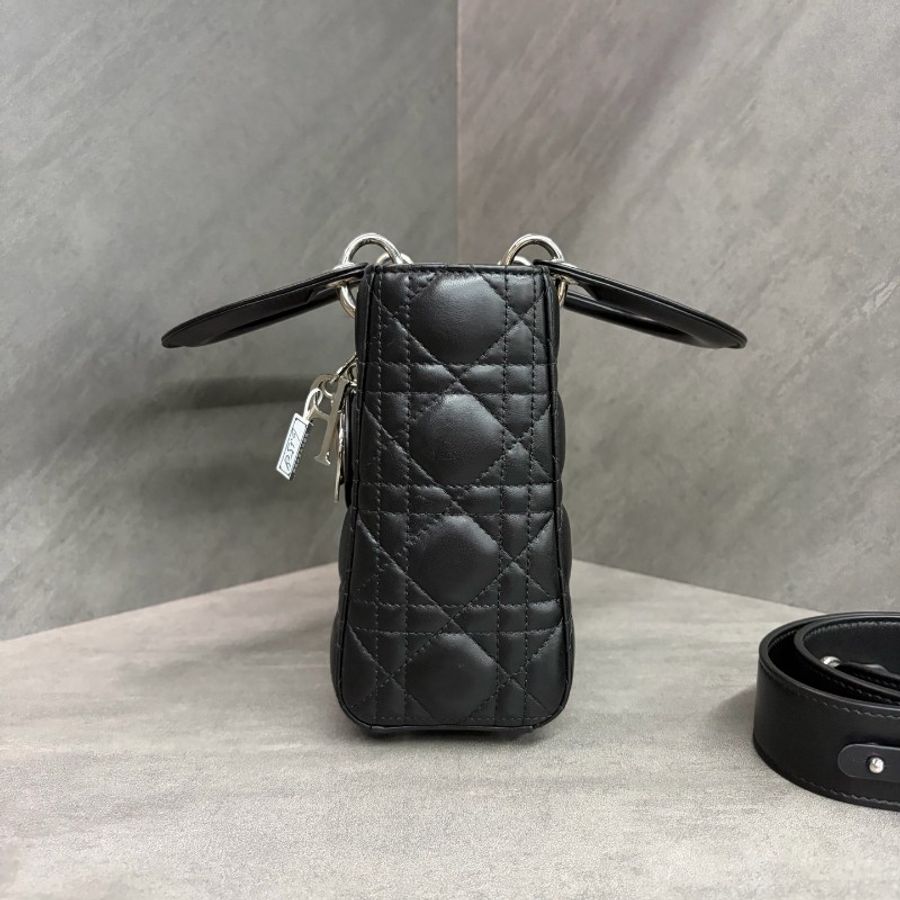Dior Lady Dior 戴妃 四格 黑銀羊皮 手提包肩背包-1